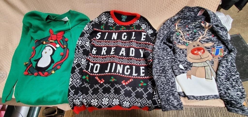 Lot of 3 Ugly Xmas Sweaters, Sizes S, L, XL