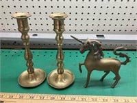2 brass candle holders & unicorn