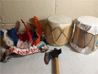 Vintage Toy Indian Headdress, Tomahawk & Drums