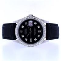 36MM Black Strap Rolex with Diamonds DateJust