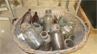 Wicker Basket 28x22 & Vintage Jars/Bottles