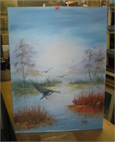 Duck and wildlife themed oil on canvas painting
