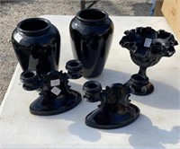 VINTAGE BLACK GLASS CANDLEHOLDERS & VASES