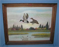 W. T. Miller artist signed Two Mallards oil on can