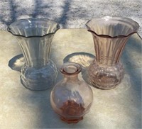 (2) DEPRESSION GLASS VASES & BOTTLE