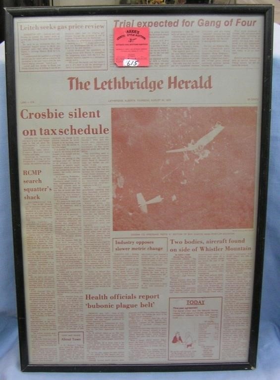 Vintage Lethbridge Herald framed newspaper