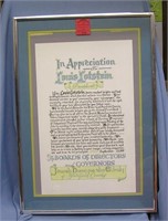 Professionally matted and framed appreciation awar