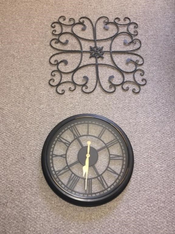 LONG DELI WALL CLOCK & LRG WROUGHT IRON WALL DECOR