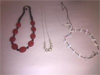 3 NECKLACES: STERLING BEADS, RED & BLACCK GLASS BE
