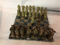 MARBLE CHESS BOARD w GARGOYLE TYPE CHESS PIECES, T