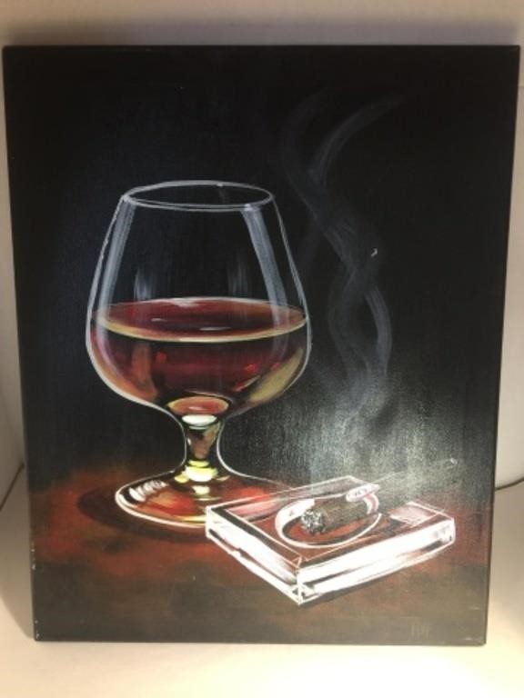 SIGNED HVP ACRYLIC PAINTING DRINK WITH CIGAR