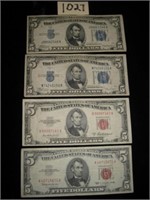 (4) Different Obsolete U.S. $5.00 Notes...Ser