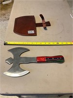 Double axe hatchet knife with leather sheath