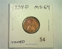 1934-D LINCOLN CENT MS64 TONED