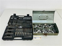 Hard Case of Drill Bits & Metal Box of Sockets