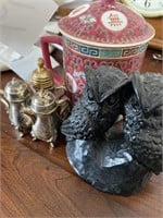 COAL CARVED OWL FIGURE - S&P SHAKERS - CUP W/ LID