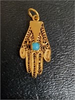 15K Gold Palm/ Hand Pendant with Turquiose