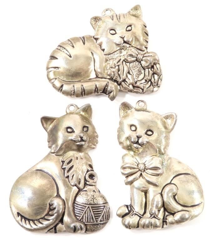 THREE VINTAGE GORHAM SILVER PLATED CAT ORNAMENTS