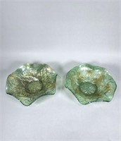 (2) Millersburg Green Carnival Glass Bowls