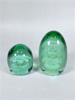(2) Green Flower Glass Paperweights