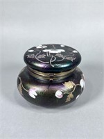 Iridescent Glass Jar w/ Hand Painted Flowers
