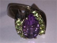 PERIDOT, AMETHYST, 925 RING w HALLMARK SIZE 8.0