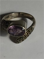 AMETHYST, MARCASITE, 925 STERLING SILVER RING SZ 7