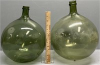 2 Green Glass Jugs Demijohn Bottles
