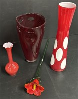 Red Art Glass Vases & Long Stem Flower Lot