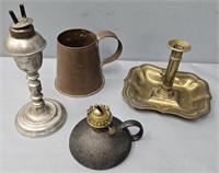 Antique Copper Tankard; Brass Chamberstick & Lot