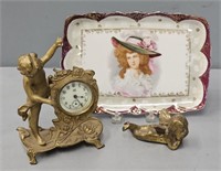 Brass Cherub Clock & Porcelain Plate
