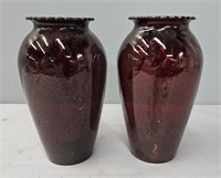 Pair Cranberry Red Glass Vases 1970's