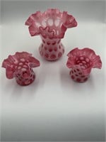 Fenton Coin Dot Ruffled Cranberry Vase set of 3