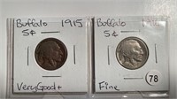 2 BUFFALO NICKELS 1915 VG+ AND 1916 FINE