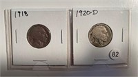 2 BUFFALO NICKELS 1918 AND 1920-D