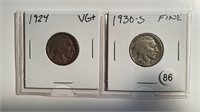 2 BUFFALO NICKELS 1924 VG+ AND 1930-S FINE