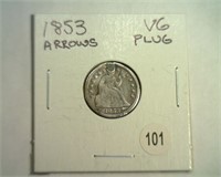 1853 ARROWS SEATED DIME VG PLUG