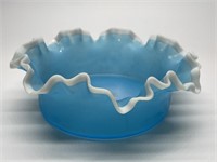 Cased Blue Art Glass 10in Bowl w/ Ruffled Edge