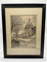 Vintage Pencil-Signed Print of US Capitol Sketch