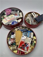 Sewing Notions in Metal Tins: Buttons, Thread, etc