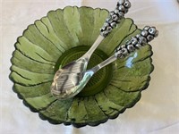 Vintage Olive Green Glass Salad Bowl w Silver-Tone