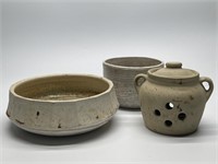 (3) Art Pottery: 1- Garlic Holder, & 2- Bowls