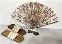 Folding table fan, pair of wooden sandals