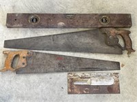 Vintage Wood-Handled Saws and Wooden Level