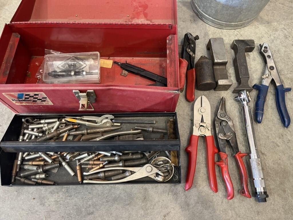 Selection of Hand Tools & Red Metal Tool Box