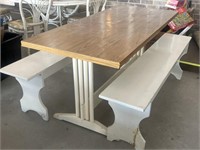 Painted Wooden Dining Table with Two Bench Seats