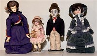 (4) dolls including Charlie Chaplain porcelain