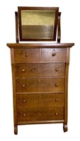 Oak high chest of drawers with mirror and cove and