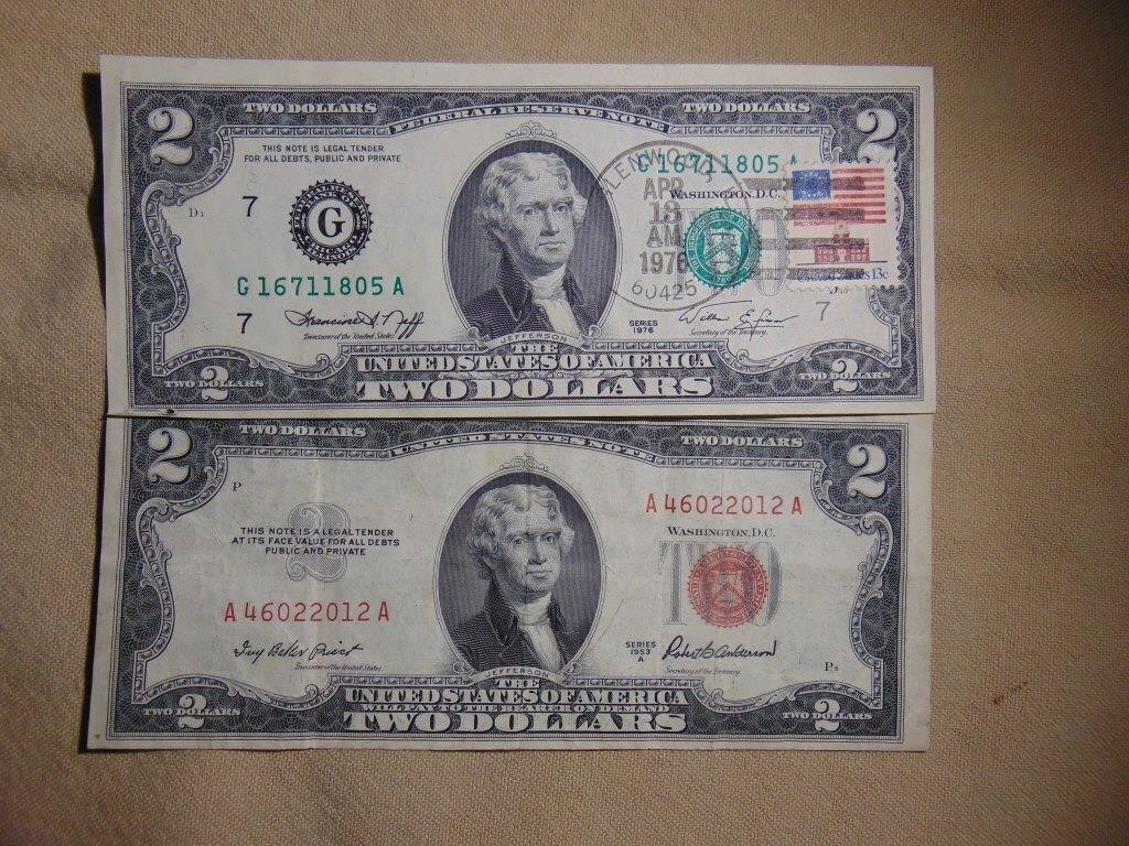(1) 1953 $2 Red Seal, (1) 1976 $2 note W/Stamp