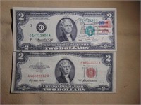 (1) 1953 $2 Red Seal, (1) 1976 $2 note W/Stamp